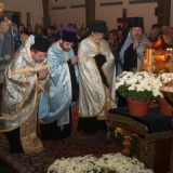 Clergy venerate the Wonder-working Pochaiv Icon of the Mother of God.